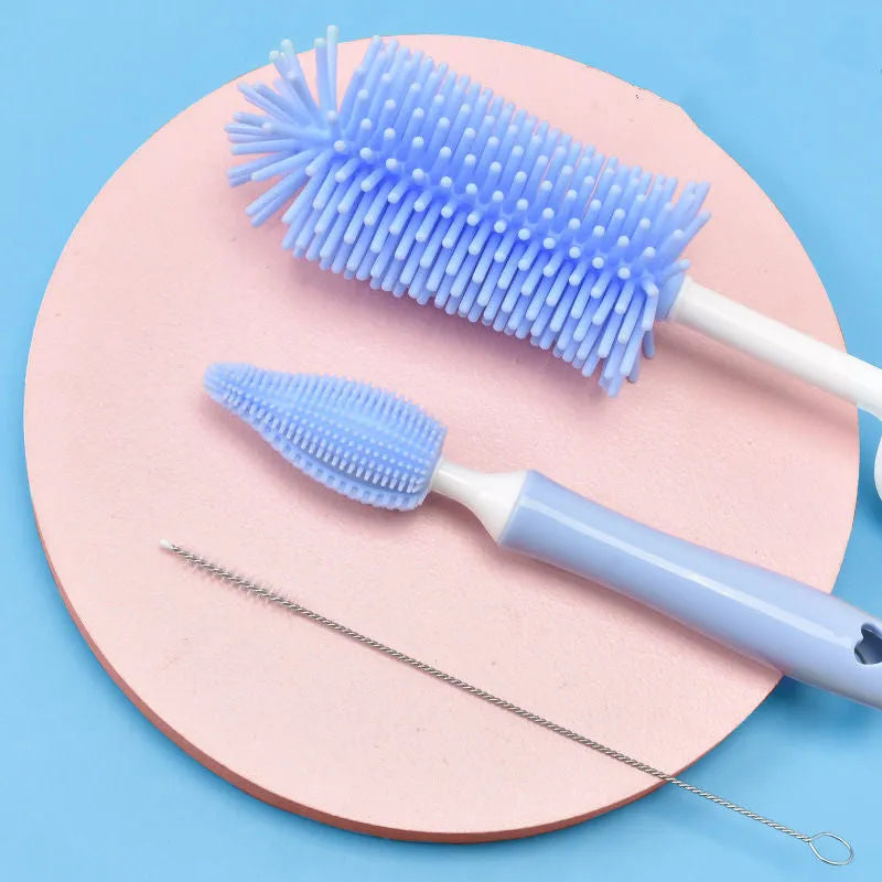 Silicone baby bottle cleaning brush set with straw scrubber in blue pink yellow colours