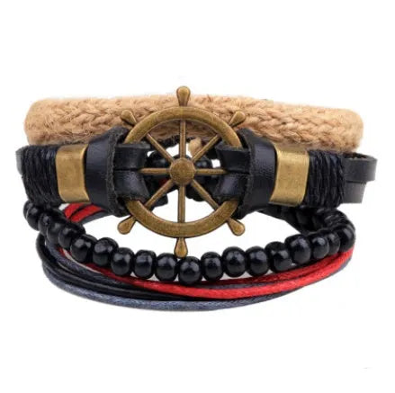 Hand-woven brown leather wrap bracelet with wooden beads on a 6cm adjustable band.