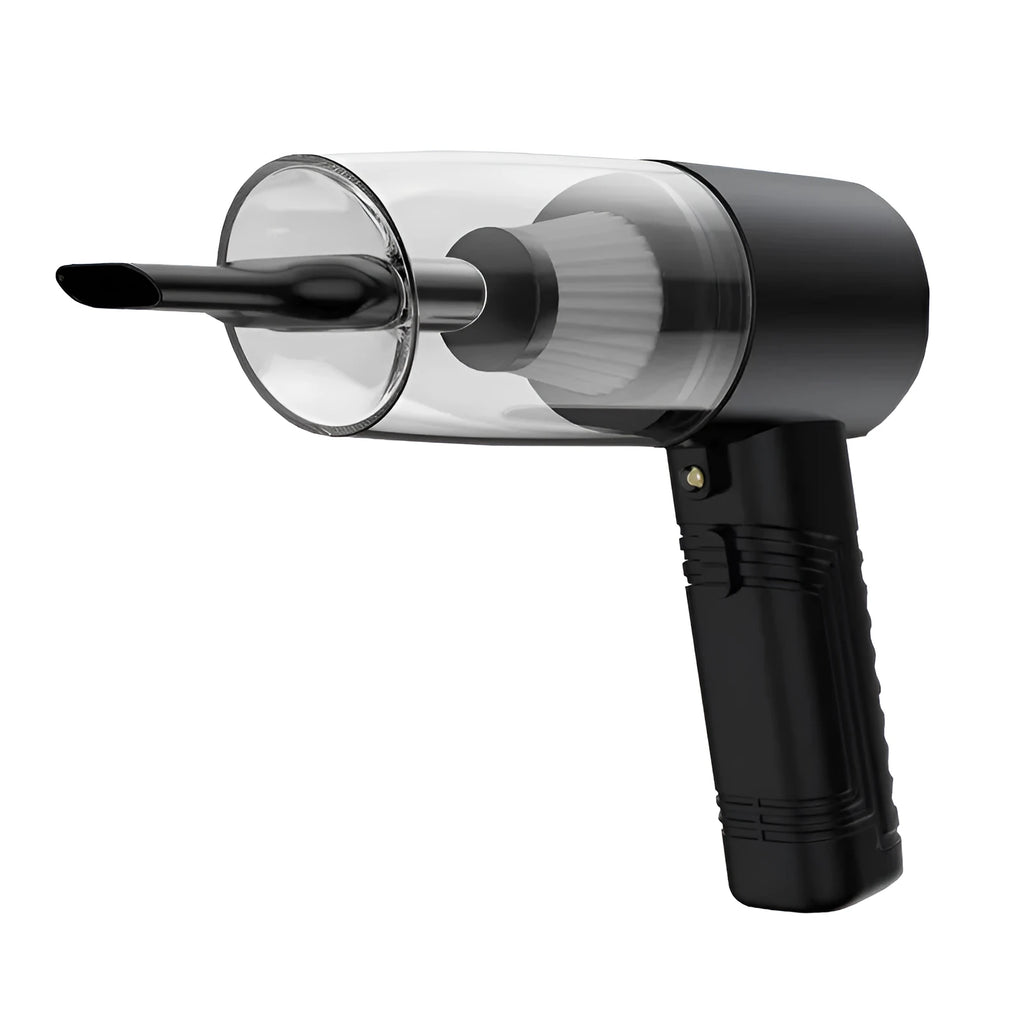 Black and white portable car vacuum cleaner with accessories on a 5-metre power cord.