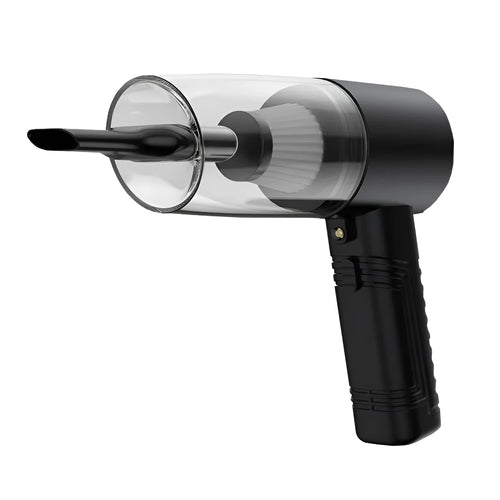 Black and white portable car vacuum cleaner with accessories on a 5-metre power cord.