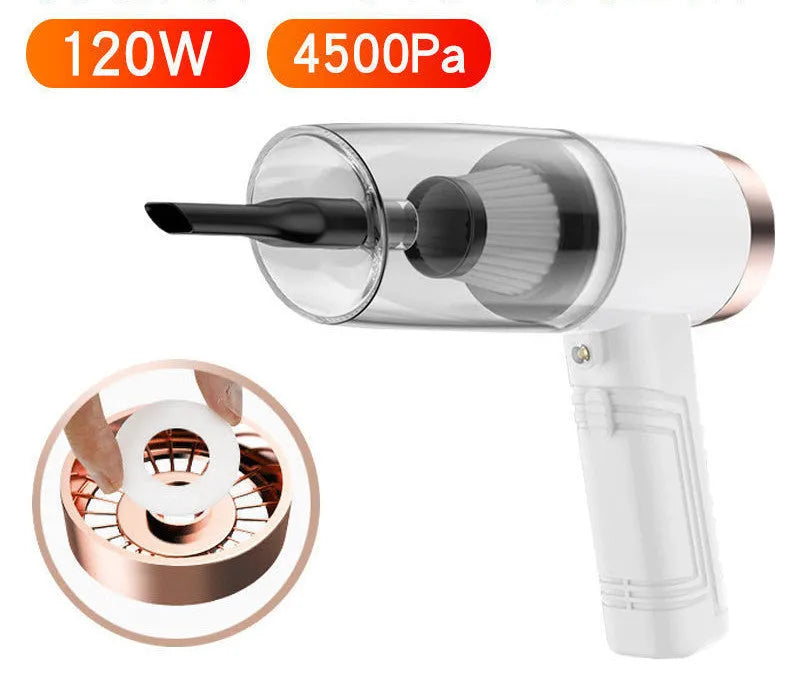 Black and white portable car vacuum cleaner with accessories on a 5-metre power cord.