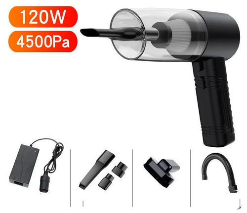Black and white portable car vacuum cleaner with accessories on a 5-metre power cord.