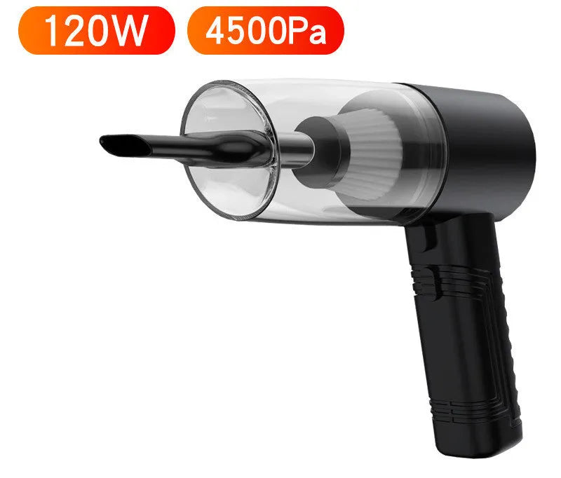 Black and white portable car vacuum cleaner with accessories on a 5-metre power cord.