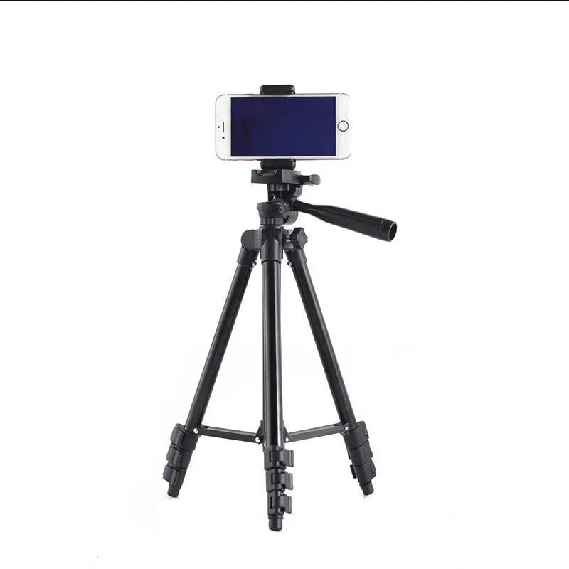 Black aluminium alloy portable camera tripod with four-section legs and a 3D pan head extended.