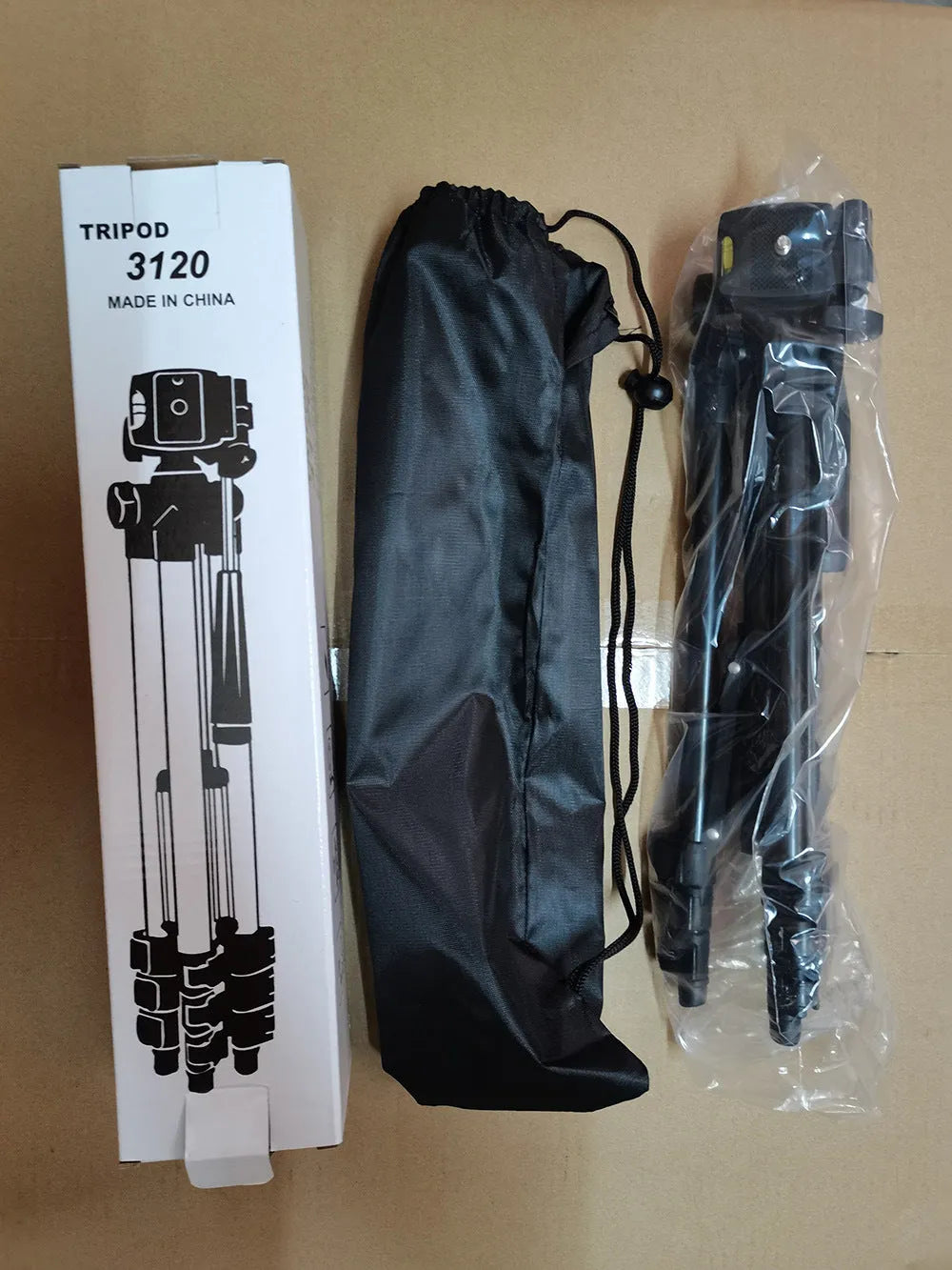 Black aluminium alloy portable camera tripod with four-section legs and a 3D pan head extended.