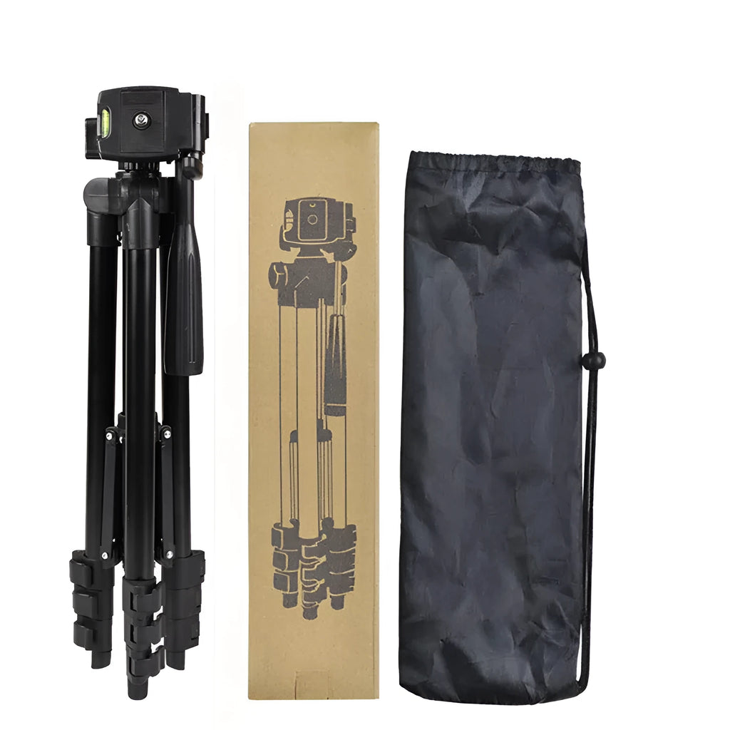 Black aluminium alloy portable camera tripod with four-section legs and a 3D pan head extended.