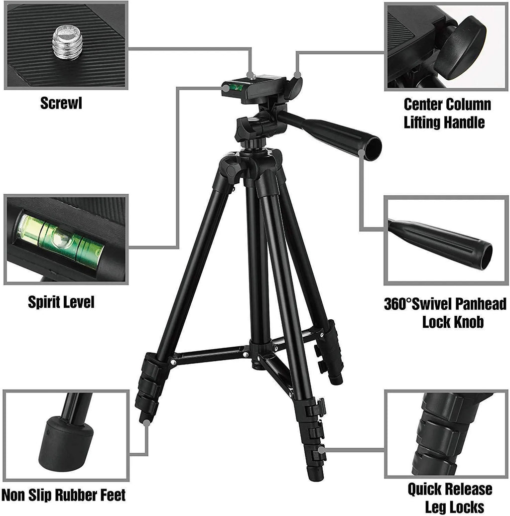 Black aluminium alloy portable camera tripod with four-section legs and a 3D pan head extended.