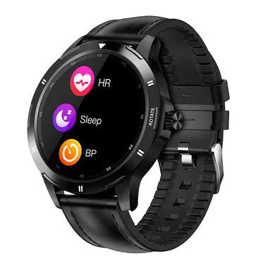 Waterproof smart sports bracelet with circular screen showing weather and call notifications