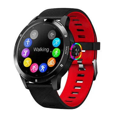 Waterproof smart sports bracelet with circular screen showing weather and call notifications