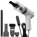 Black and white portable car vacuum cleaner with accessories on a 5-metre power cord.
