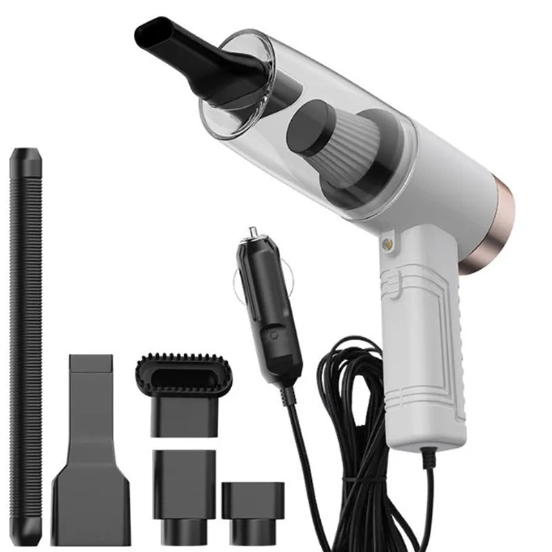 Black and white portable car vacuum cleaner with accessories on a 5-metre power cord.