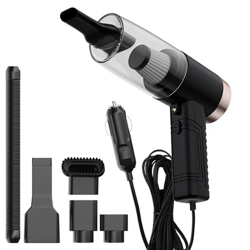Black and white portable car vacuum cleaner with accessories on a 5-metre power cord.