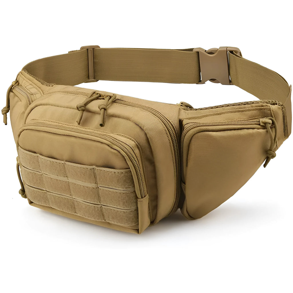 Tactical waist bag with multiple compartments shown in khaki colour with adjustable waist strap