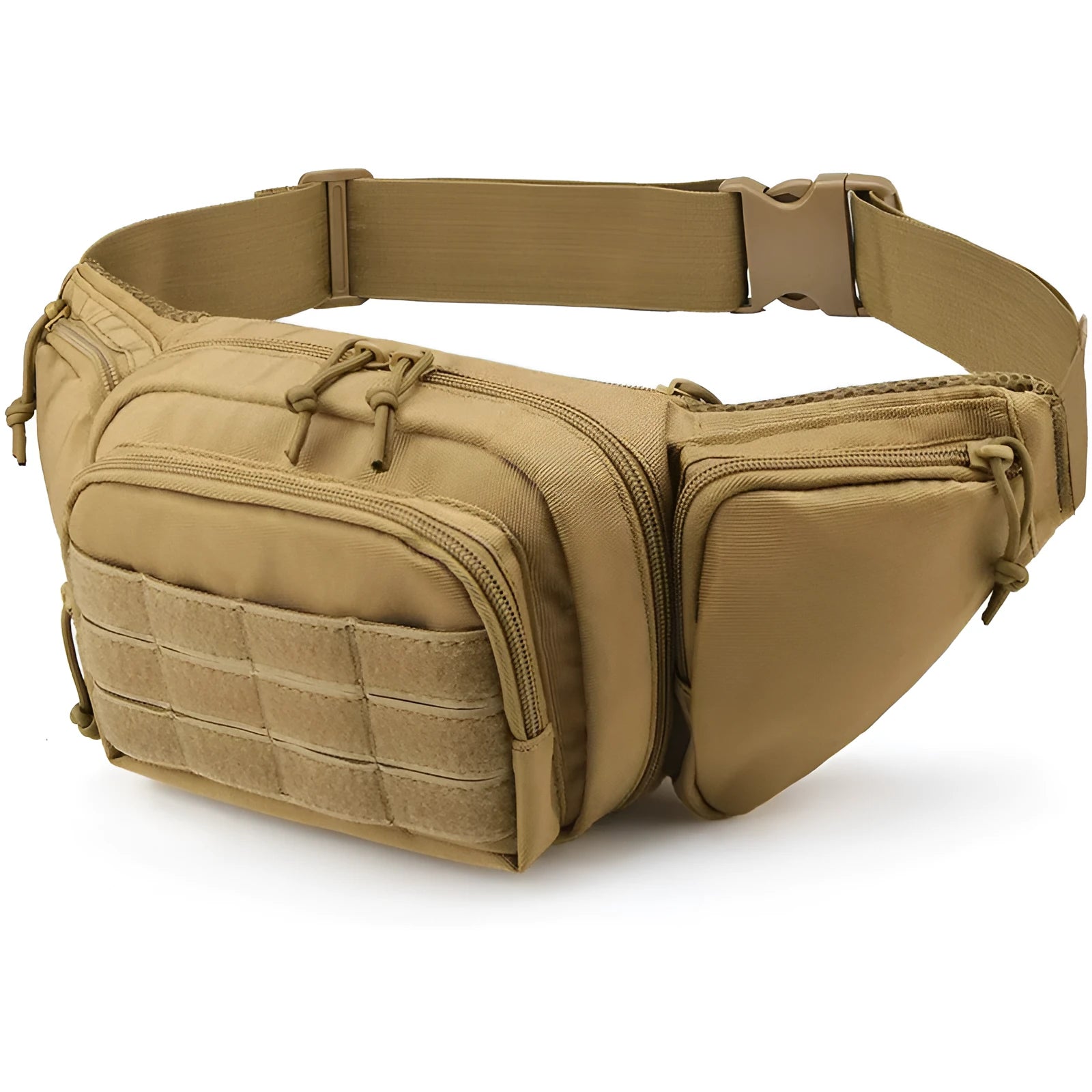 Tactical waist bag with multiple compartments shown in khaki colour with adjustable waist strap