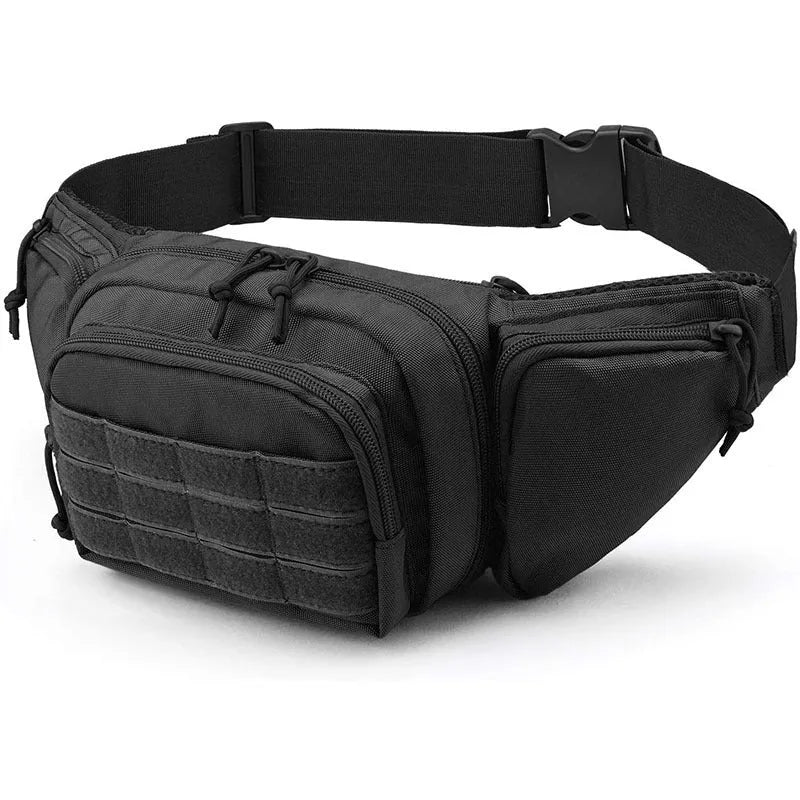 Tactical waist bag with multiple compartments shown in khaki colour with adjustable waist strap