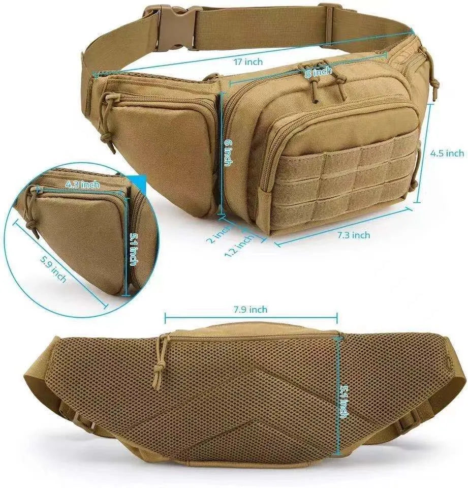 Tactical waist bag with multiple compartments shown in khaki colour with adjustable waist strap