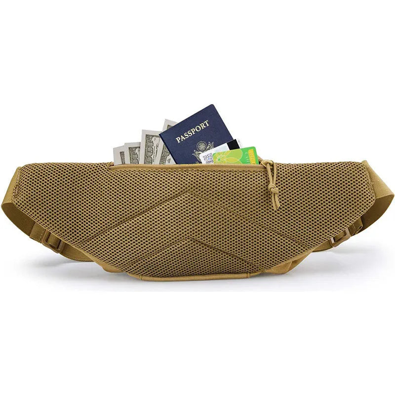 Tactical waist bag with multiple compartments shown in khaki colour with adjustable waist strap