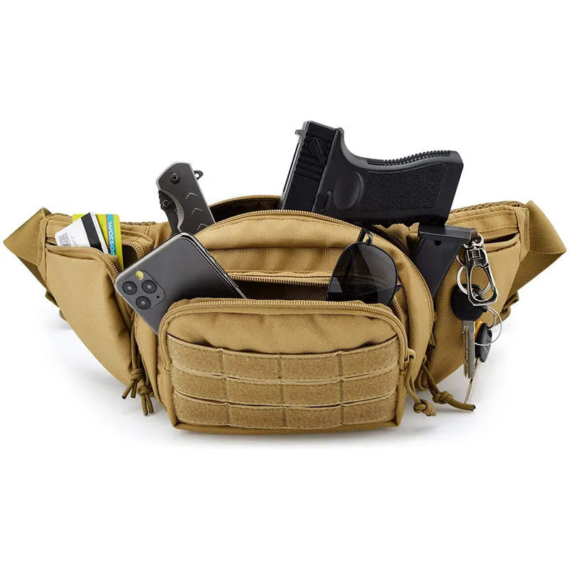 Tactical waist bag with multiple compartments shown in khaki colour with adjustable waist strap