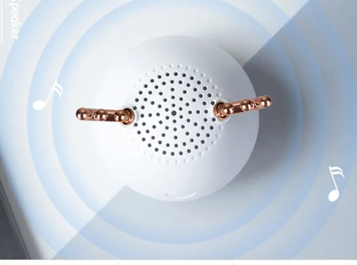 Compact Bluetooth speaker in white, pink, or green colours showing 75mm by 88mm dimensions