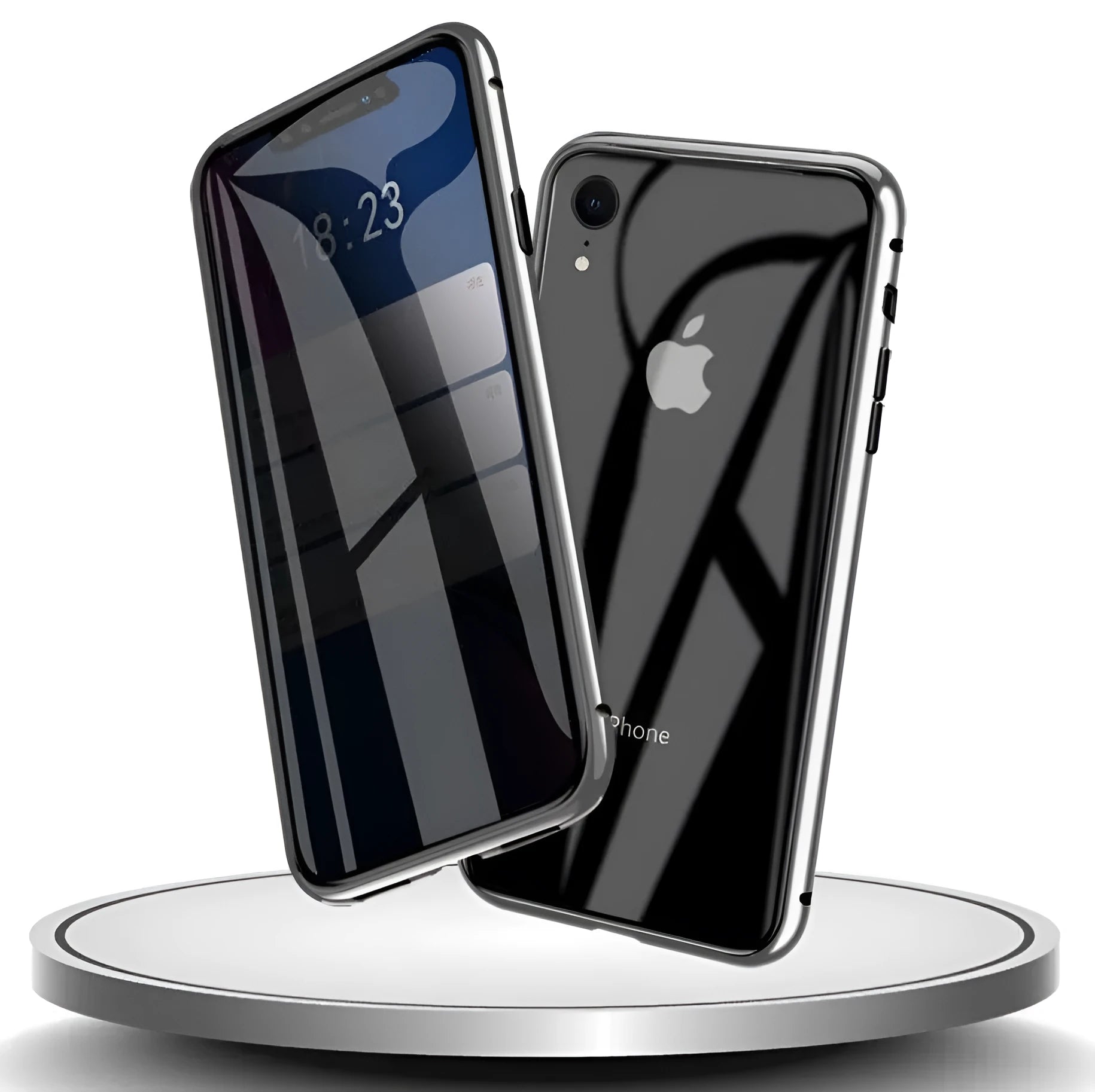 Glass clamshell anti-spy phone case for iPhone in multiple solid colours including black, blue, gold, green, red, and silver
