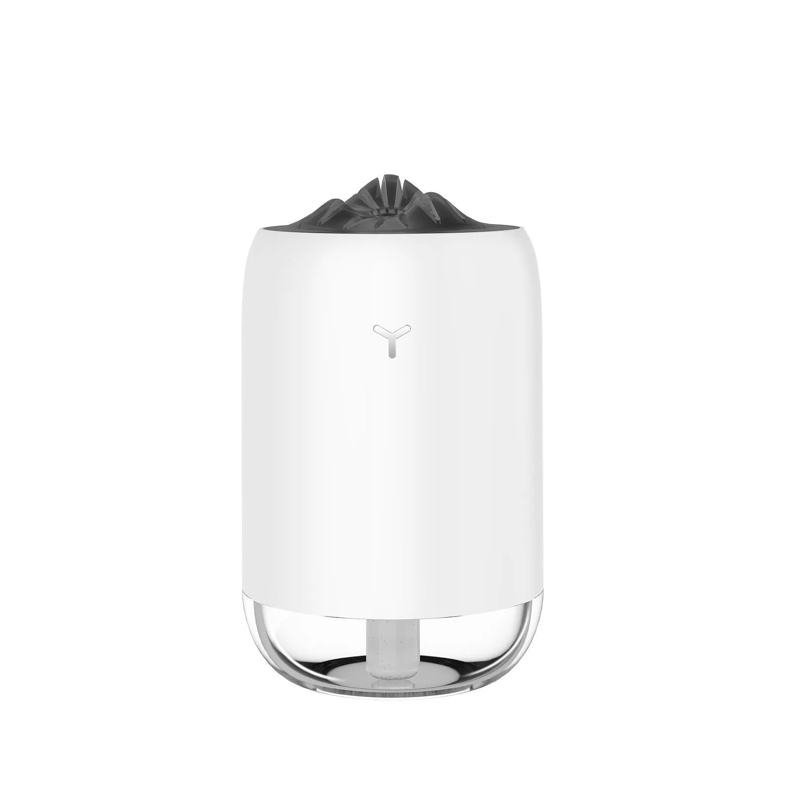 Magic Flame columnar humidifier in light blue on a wooden desk, showing USB cable and single mist outlet.