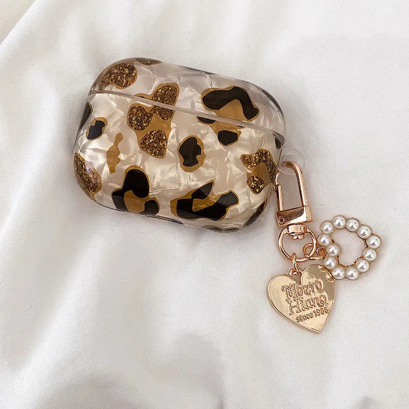 Shell yellow leopard print TPU flip case for Apple AirPods Pro and AirPods with choice of pearl chain or ornament attachments