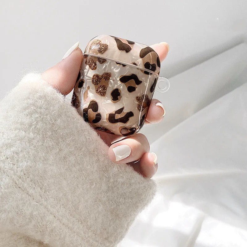 Shell yellow leopard print TPU flip case for Apple AirPods Pro and AirPods with choice of pearl chain or ornament attachments