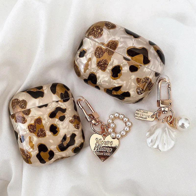 Shell yellow leopard print TPU flip case for Apple AirPods Pro and AirPods with choice of pearl chain or ornament attachments