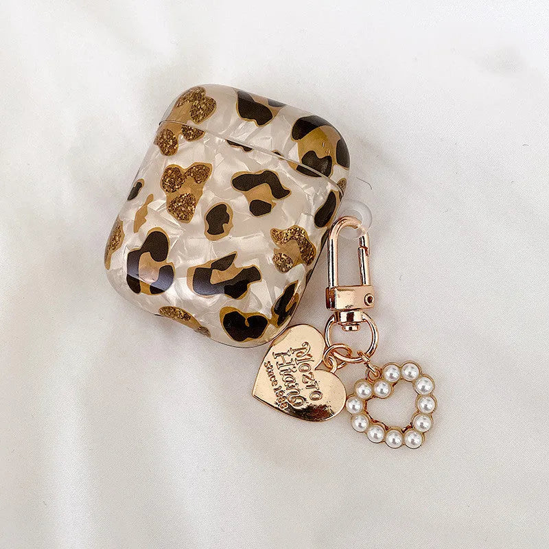 Shell yellow leopard print TPU flip case for Apple AirPods Pro and AirPods with choice of pearl chain or ornament attachments