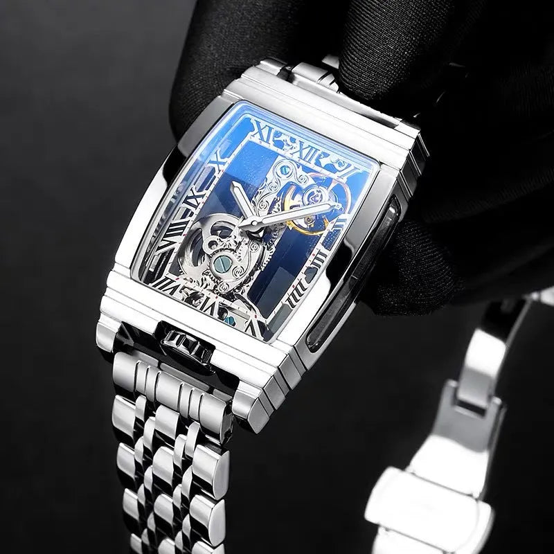 Daystar square stainless steel mechanical watch with black dial on a leather strap