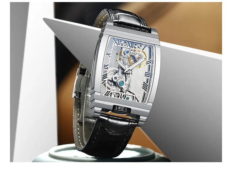 Daystar square stainless steel mechanical watch with black dial on a leather strap