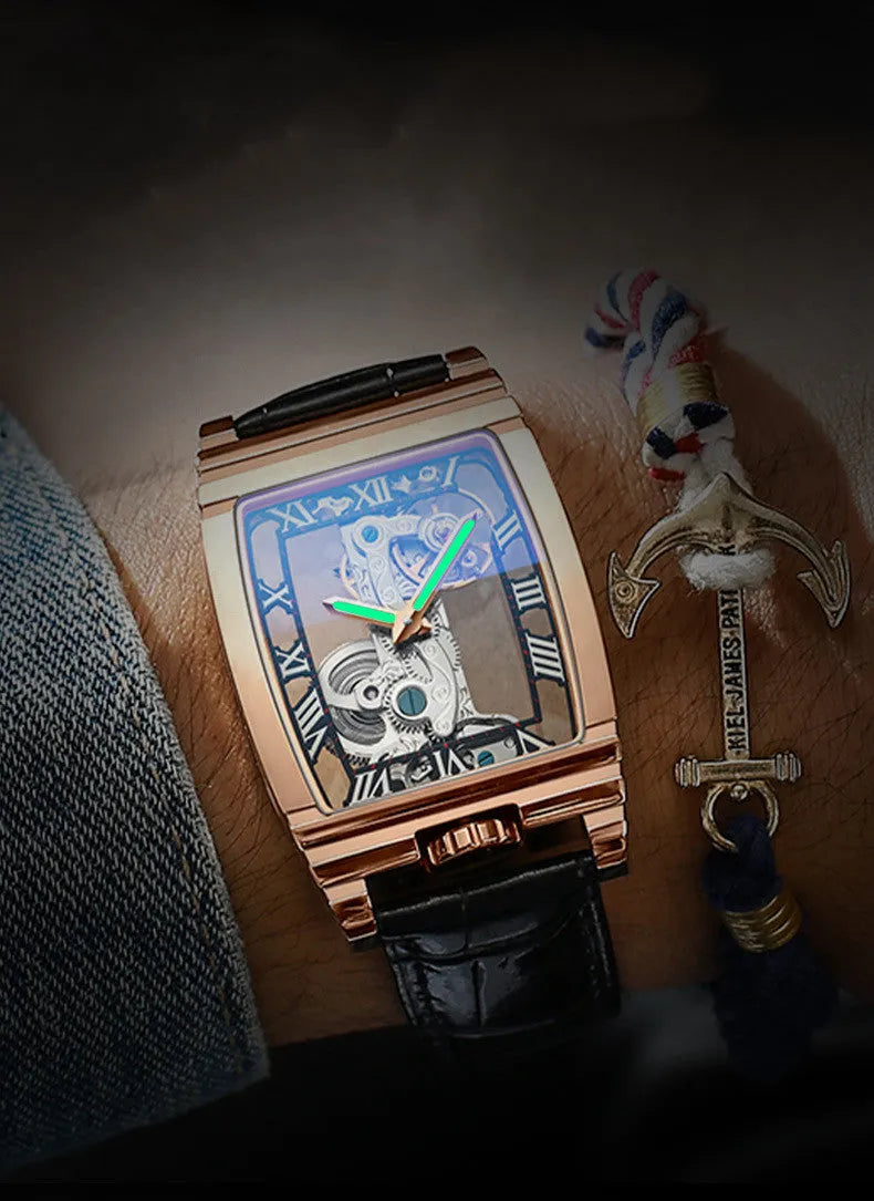 Daystar square stainless steel mechanical watch with black dial on a leather strap