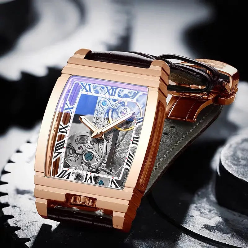 Daystar square stainless steel mechanical watch with black dial on a leather strap