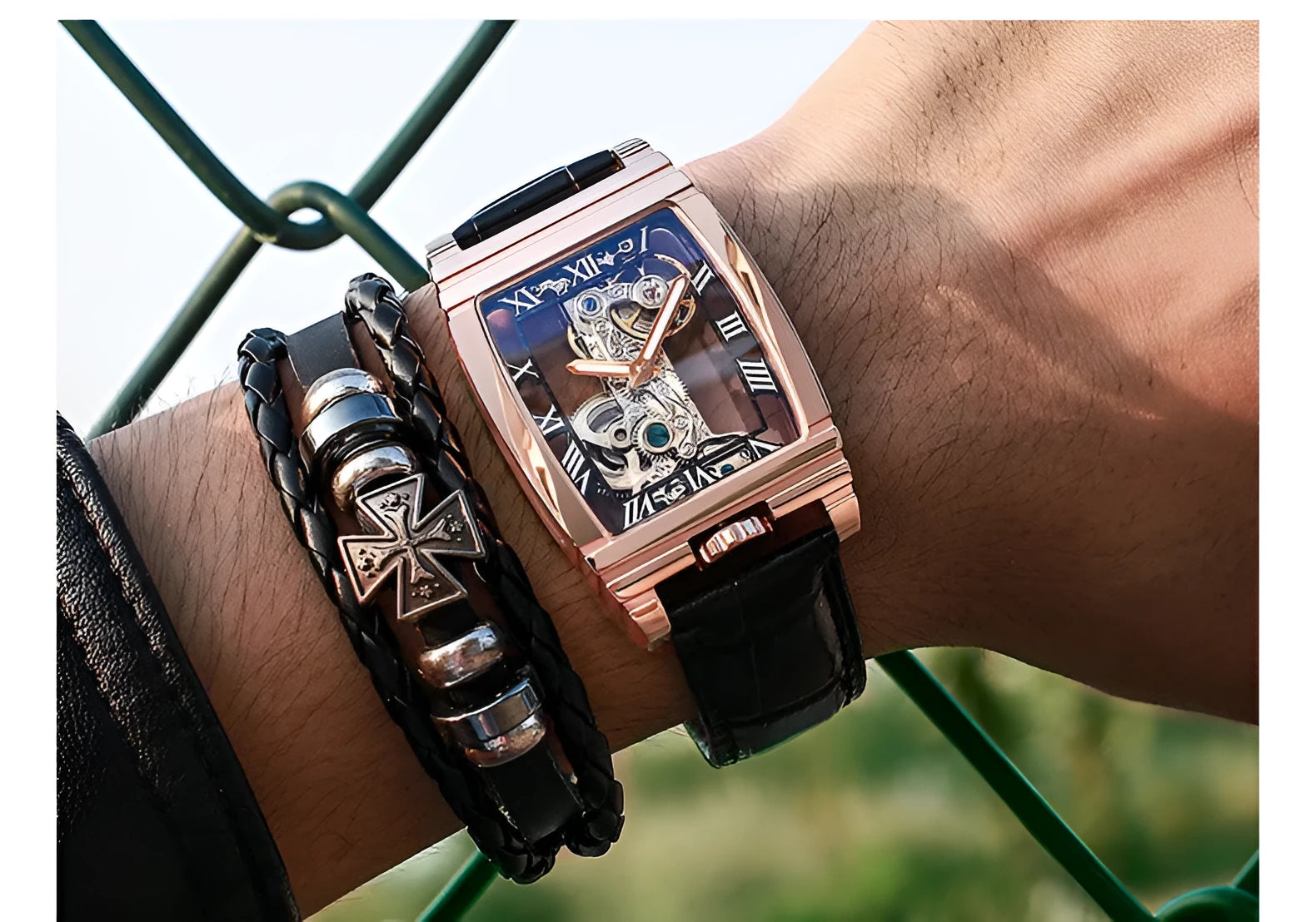 Daystar square stainless steel mechanical watch with black dial on a leather strap