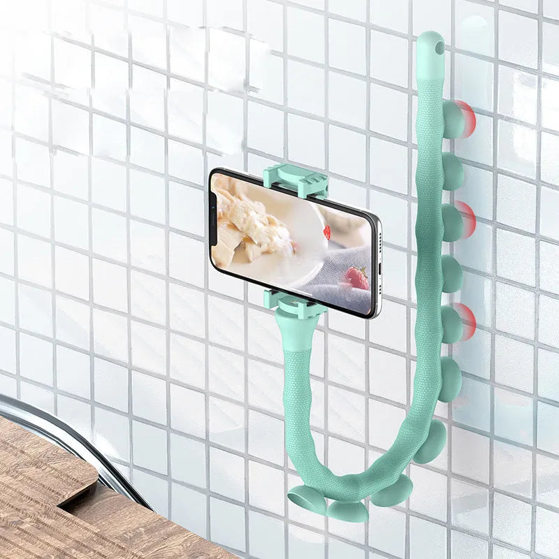 Flexible rubber phone bracket with suction cup base showing 62cm length and 360° rotation capability