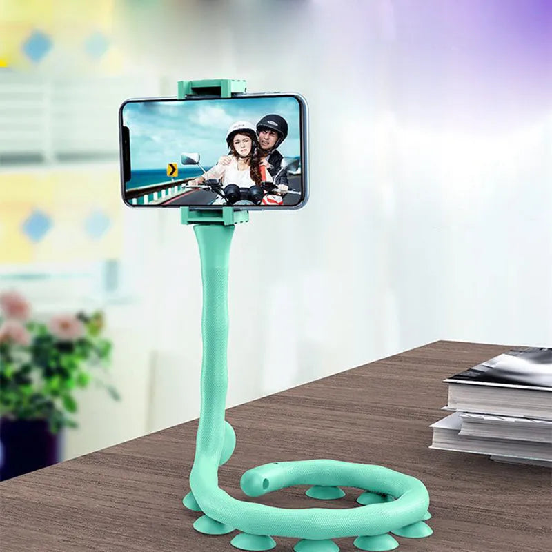 Flexible rubber phone bracket with suction cup base showing 62cm length and 360° rotation capability