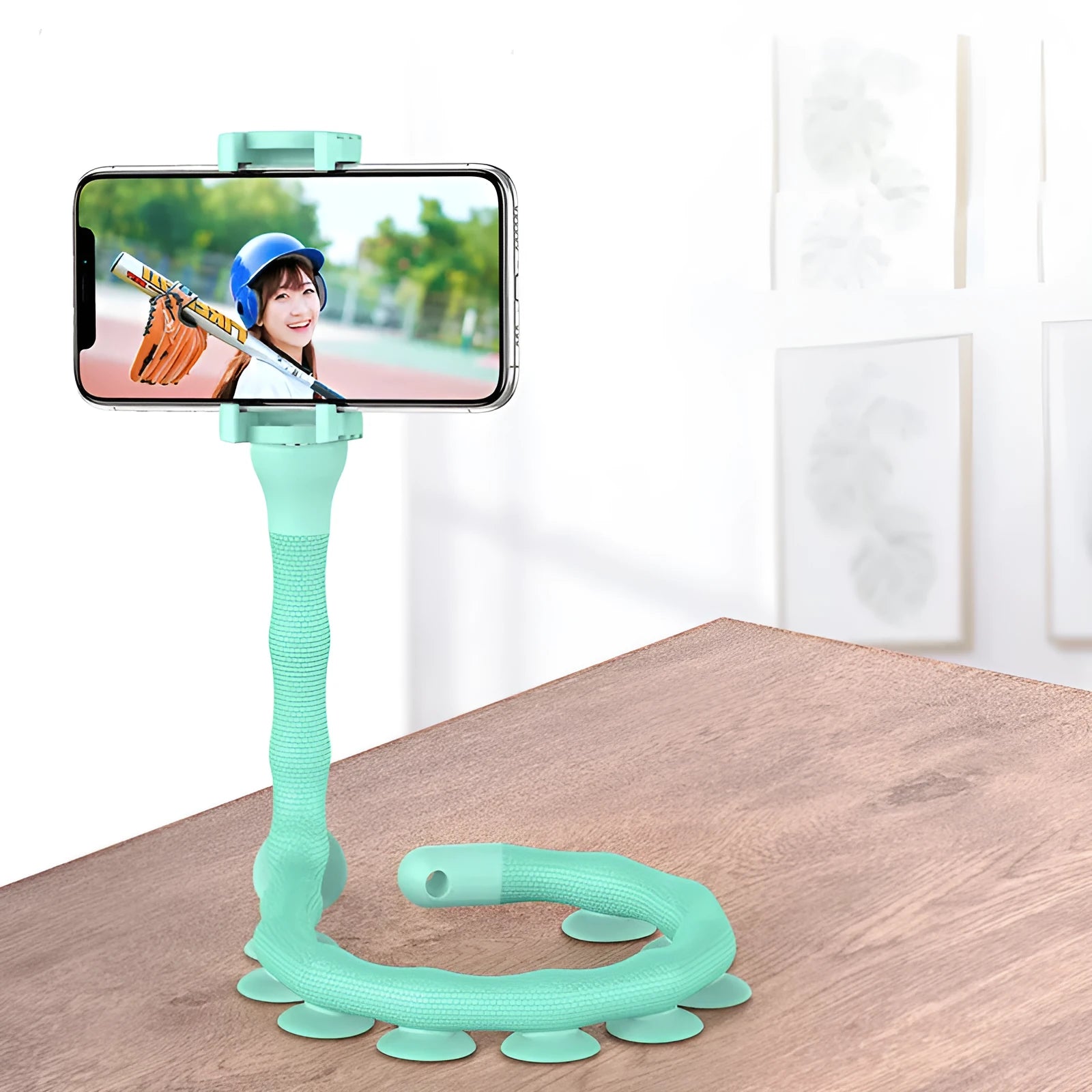 Flexible rubber phone bracket with suction cup base showing 62cm length and 360° rotation capability