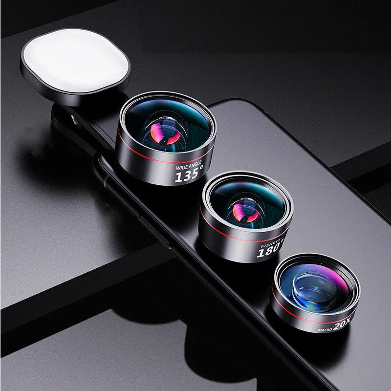 Universal mobile phone fill light with detachable wide angle, macro and fish eye camera lenses