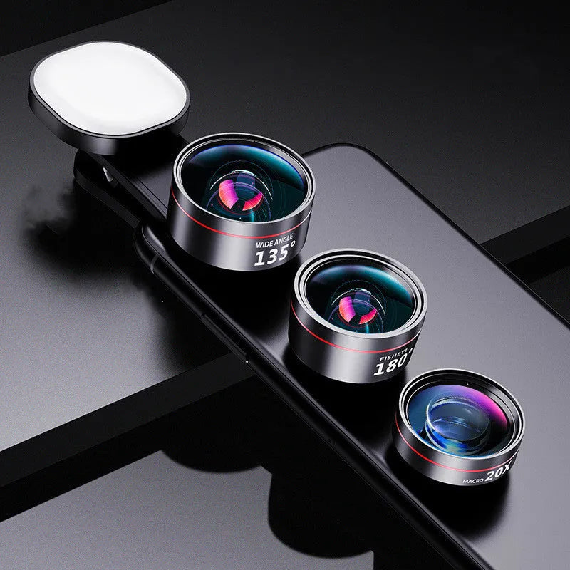 Universal mobile phone fill light with detachable wide angle, macro and fish eye camera lenses