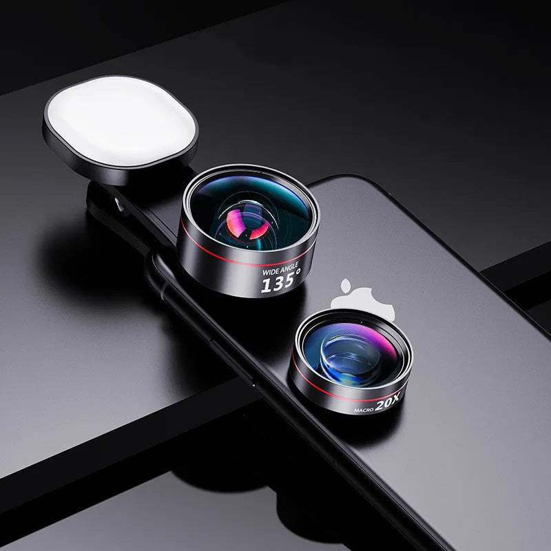 Universal mobile phone fill light with detachable wide angle, macro and fish eye camera lenses
