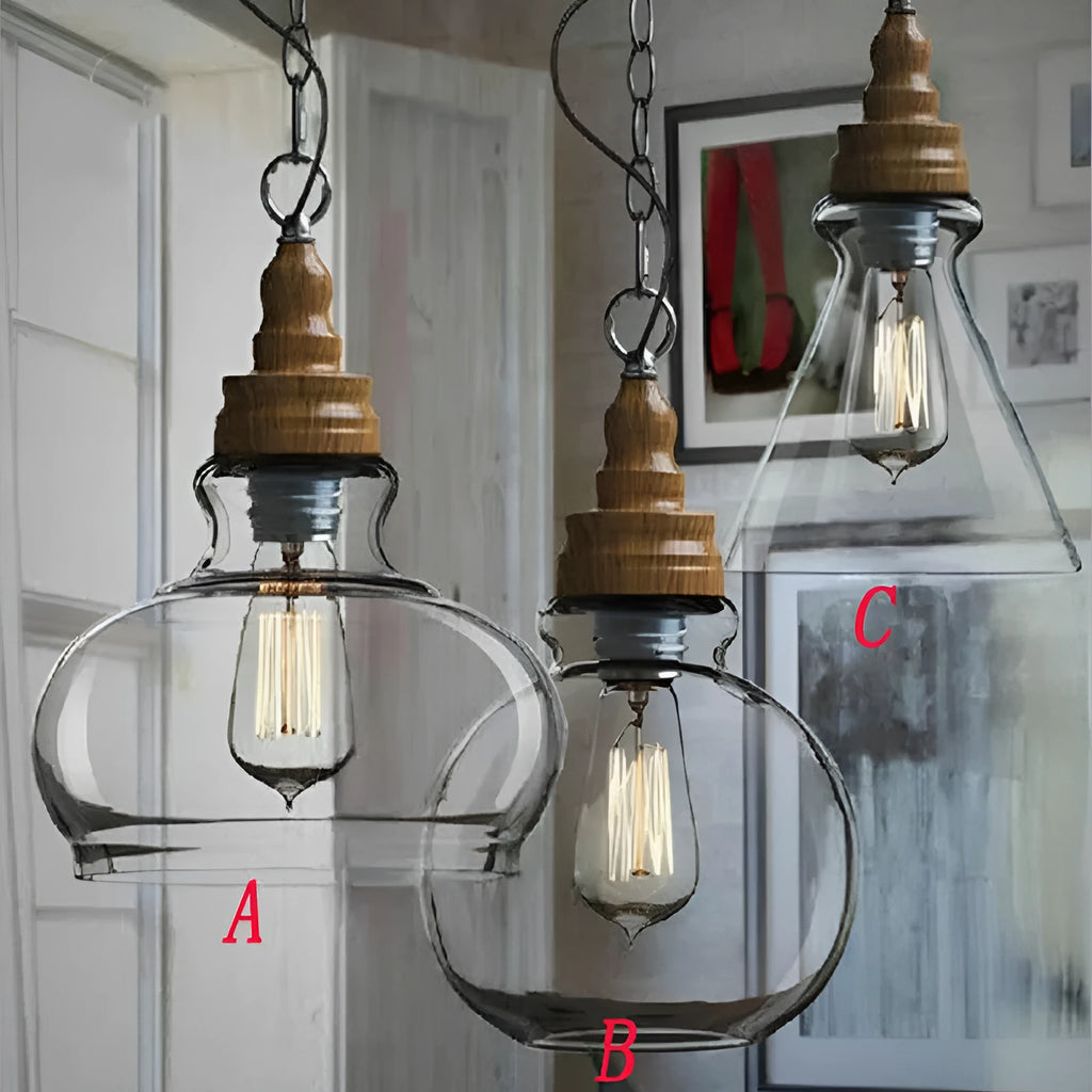 Glass wood grain single head pendant light with adjustable cable in a Nordic style