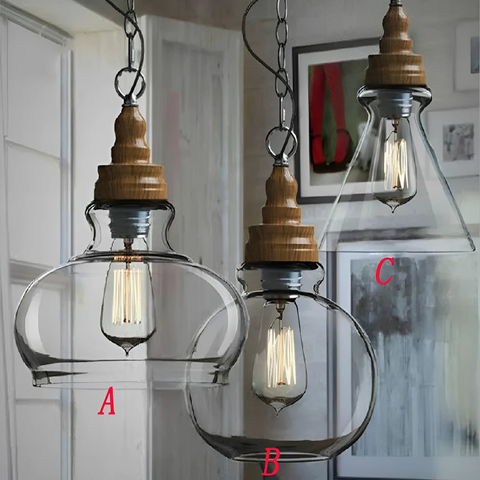Glass wood grain single head pendant light with adjustable cable in a Nordic style