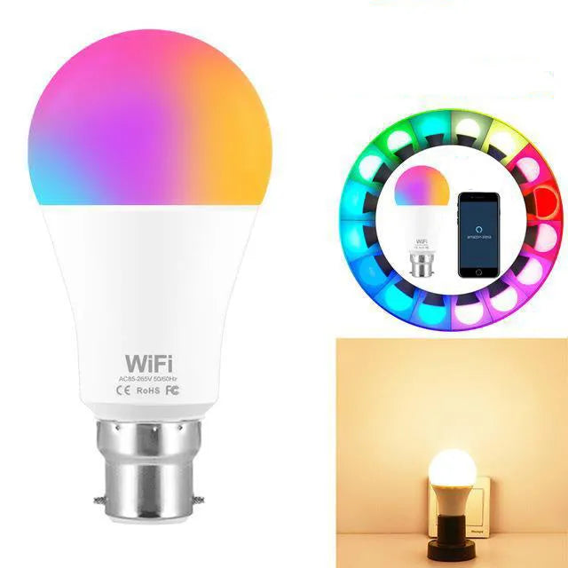 15W smart WiFi LED light bulb with E27 and B22 base options for RGB and white light