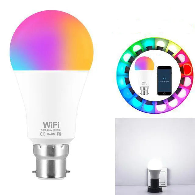 15W smart WiFi LED light bulb with E27 and B22 base options for RGB and white light