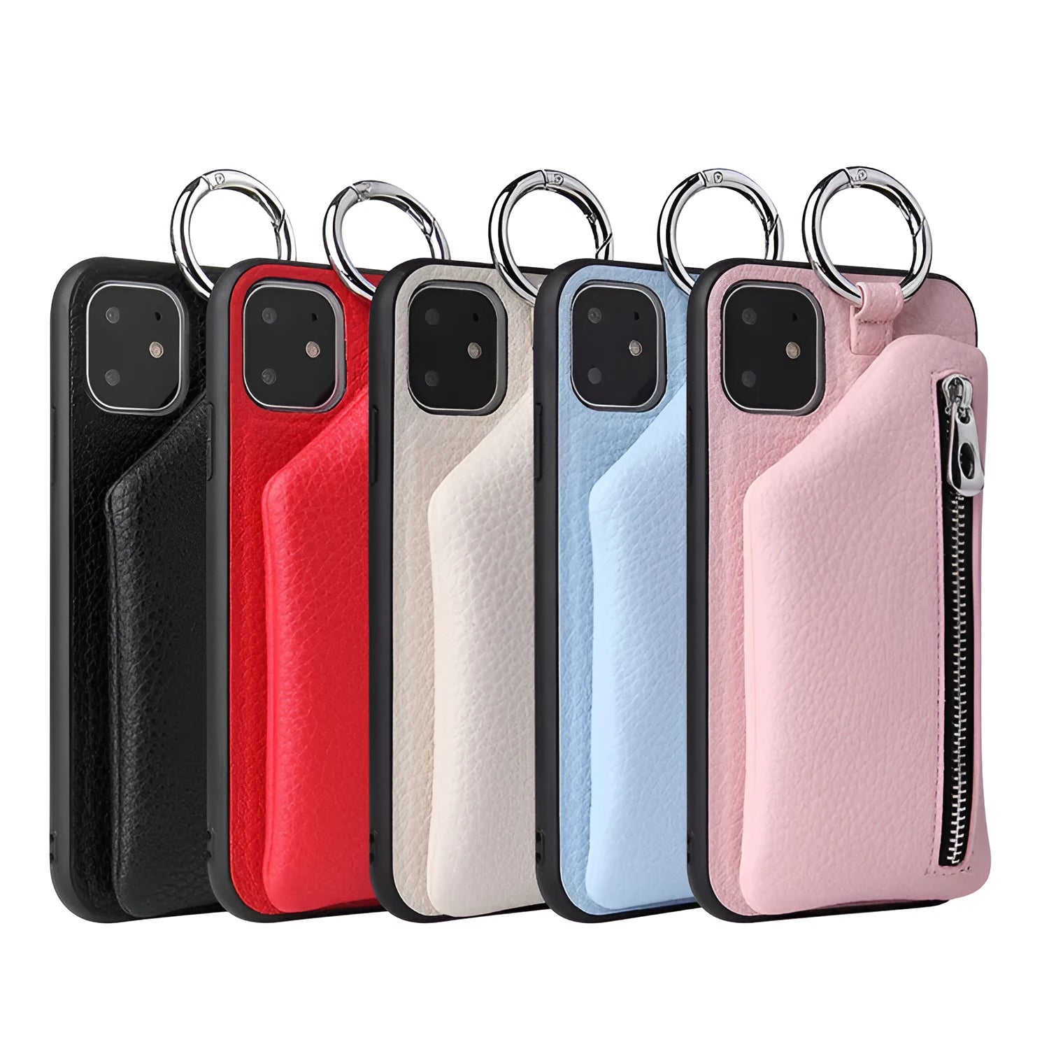 Pink PU leather phone case with crossbody lanyard and small coin purse wallet attached.