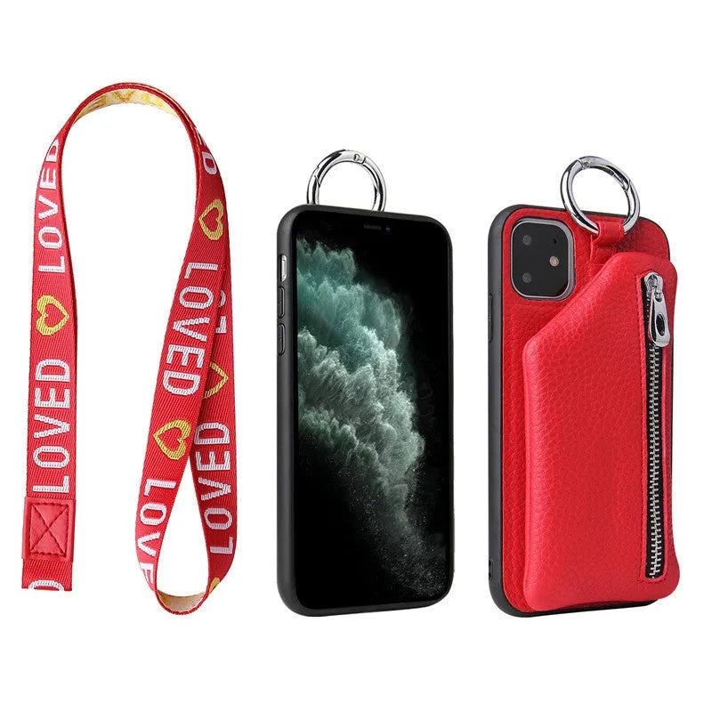 Pink PU leather phone case with crossbody lanyard and small coin purse wallet attached.