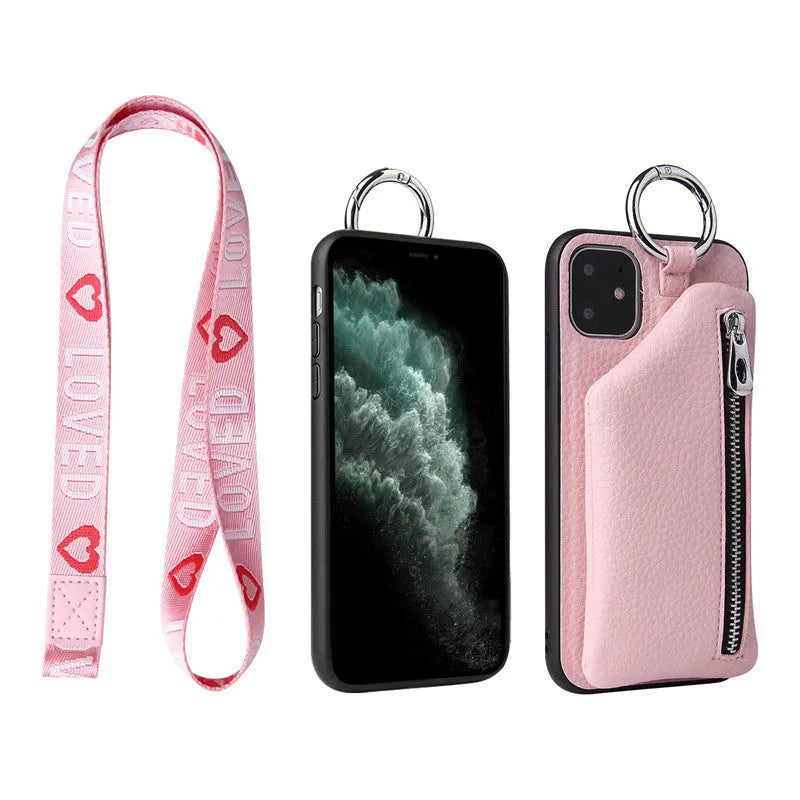 Pink PU leather phone case with crossbody lanyard and small coin purse wallet attached.