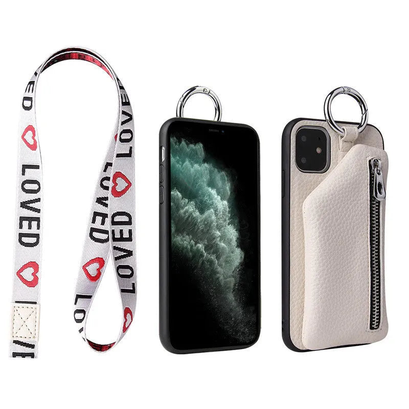 Pink PU leather phone case with crossbody lanyard and small coin purse wallet attached.