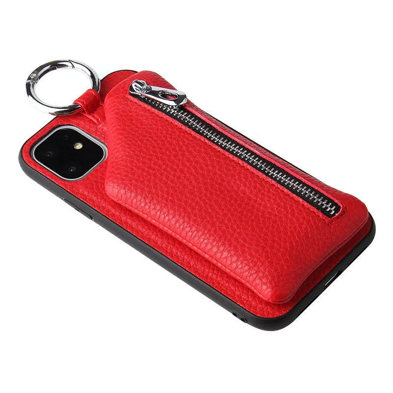 Pink PU leather phone case with crossbody lanyard and small coin purse wallet attached.