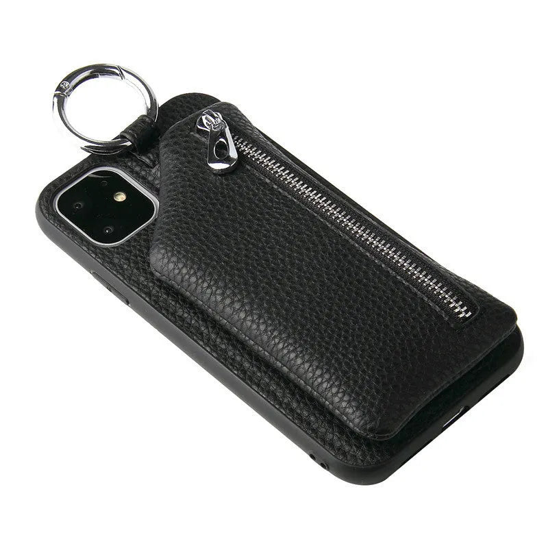 Pink PU leather phone case with crossbody lanyard and small coin purse wallet attached.